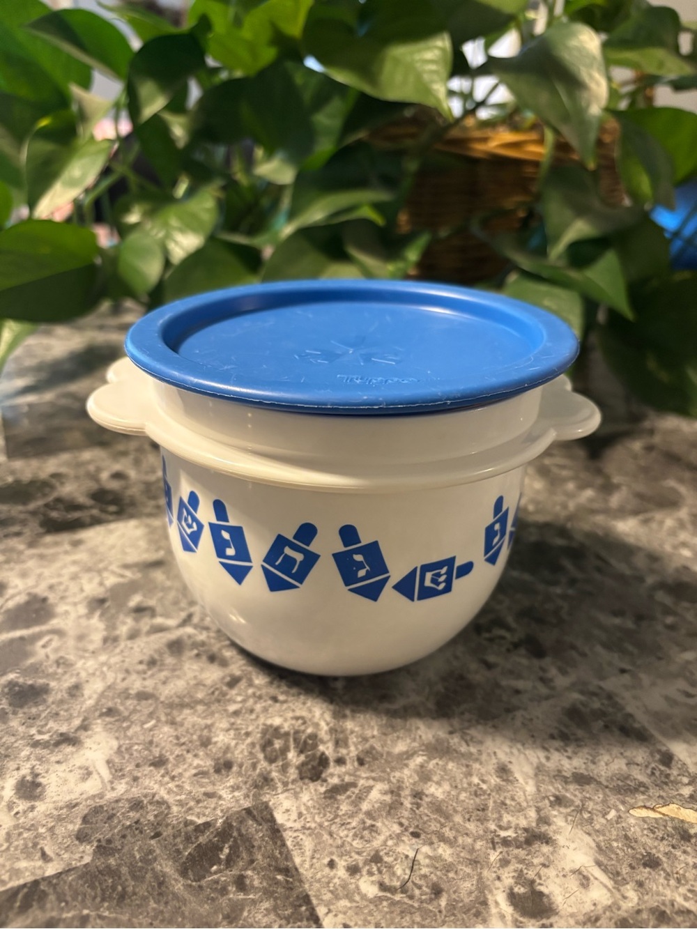 Vintage Tupperware White Bowl with Blue Lid and Blue Geometric Pattern